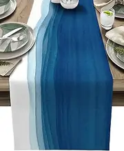 Blue White Table Runner, Non-Slip Dining Table Runners for Kitchen, Ombre Ocean Wave Coffee Table Runners Dresser Scarf for Living Room Garden Wedding Parties (13x70 inches long)