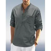 Men's Shirt Linen Shirt Band Collar Shirt Popover Shirt Summer Shirt Beach Wear Plain Vacation Daily Black White Navy Blue Green Long Sleeve Henley Summer Clot