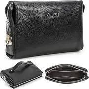 [CataPurus] Top Grain Genuine Leather Handbag Wallet for Man & Woman, Handmade Retro Design, Combination Lock & Retractable Hand Strap & Multi Pockets/Slots, Portable RFID for Cards/Checks/Phone/Banknote, Black