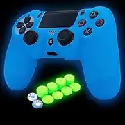 PS4 Controller Skin Silicone Grip Glow in Dark Protective Case for PS4/Slim/Pro Dualshock 4 Controller + 8 FPS PRO Thumb Grips+2 Pcs Caps & L2 R2 Trigger. (Blue)
