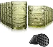 Hobnail Drinking Glasses Set of 12 Count, Vintage Glassware, Old Fashioned Glasses, 6 Highball Bubble Glasses Drinking 15 oz, 6 Rocks Glass Cup 14.5 oz with 12 Silicone Coasters, Green