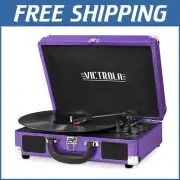 Upgraded Bluetooth Record Player with Vibrant Purple Glitter Travel Suitcase