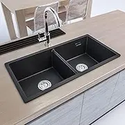 Double Bowls Granite Stone Kitchen Sink Black 835x490mm Laundry Kitchen Basin Sink with Overflow Granite Sinks with Waste Strainer Home Utility Kitchen Sink Under/Top/Flush Mount(Black)