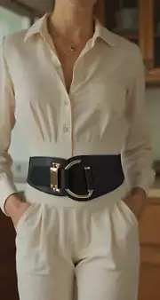 Women Black Elastic Fabric Strap Fashion Belt Elegant Look Hook Buckle Size S M