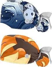 [YTYVAGT] 2-Pc,Nurse Scrub Caps,Scrub Hats with Buttons and Cotton Sweatband,Blue Fish Luck Koi