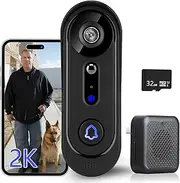 Doorbell Camera Wireless 2K, No Monthly Fee,3MP Video Doorbell with 32GB SD Card/Cloud Storage, No Subscription,Night Vision, 2-Way Audio, PIR Motion Detection, 2.4Ghz WiFi,Alert (J4)