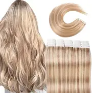VINBAO Tape Extensions Real Hair Blonde Ash Blonde with Platinum Blonde Invisible Hair Extensions Real Hair 50 cm 20 Pieces 50 g Skin Weft Tape in 20 Inches #18P613