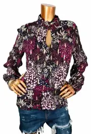 WHBM 14 or L Top NWT $110 Elastic Hem Keyhole Blouse Lined Long Slvs Shiny Soft