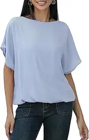 [MGizo DtiSpectrum] Chiffon Blouse for Women - Elegant Tunic Made of Two-Layer Gauze Fabric with Short Batwing Sleeves and Stretchy Lining, Transparent Tulle Shirt with Crew Neck, Grigio Blu, XL