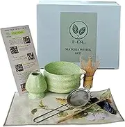 F & EN CO Premium Matcha Whisk Bowl Set – 7-Piece Matcha Tea Kit with Instruction Card, Ceramic Bowl, Bamboo Whisk, Scoop, & Sifter for Perfect Japanese Tea Ceremonies