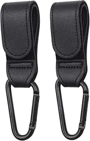 2 Pcs Baby Bag Clips, Leather Buggy Clips Multipurpose Hooks Pram Clips, Pushchair Clips Baby Stroller Hooks with Sturdy Carabiner and Strong Magic Adhesive for Hanging Shopping Handbag Changing Bag