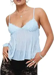 [Owl's-Yard] Women's Y2K Crop Lace Camisole Tie Up Front Sheer Curved Hemline Ruched Spaghetti Strap Backless Tank Tops