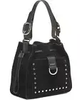 DKNY Wayne Suede Shoulder Bag Studded Drawstring Moto Rock Punk Crossbody Black