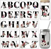 arricraft 10 Sheets UV DTF Cup Wrap Transfer Sticker, 26 Letters with Flower Rub on Transfers Decal for 16OZ Glass Cups Furniture Craft Wood DIY Crafts 24x11cm/9.4x11inch