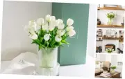 Tulip and Vase Ribbed Glass with 20 Tulips Artificial Flowers Gift Set White