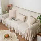 Ruffles Sofa Towel Hemp Printing Pastoral Pleat Thick Plain Retro Couch Cover