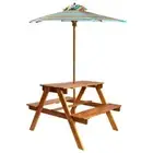 Kids Wooden Picnic Table And Bench Set With Removable Umbrella Outdoor Garden