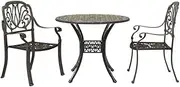 vidaXL Bistro Set-3PC Cast Aluminium Dining Set-Bronze Round Table with Umbrella Hole, High-Back Chairs for Patio/Garden