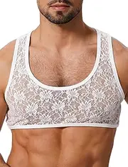 ABAFIP Men's Sissy Lace Muscle Tank Floral Crop Top Semi Transparent Sheer Mesh Vest Half Top Undershirt