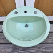 1972 Crane NOS Oval Retro Jadeite Green Bathroom Sink Porcelain Drop In Bowl
