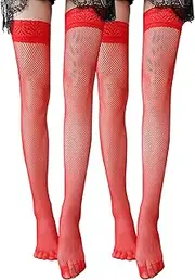 [SHEKINI] Women Fishnet Hold Up Thigh High Stockings Lace Sheer Over Knee Stocking with Anti-skid Silicone