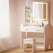 Artiss Dressing Table, LED Mirror Makeup Stool Set Wooden Vanity Desk Chair, Home Bedroom Furniture Girls Kids Women Organisers, Drawers Shelves Wide Tabletop White