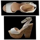 WILD DIVA Faux Leather Retro Cork Open Toe Platform 5" Chunky Heel Size 8 White