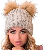 [Braxton Hats] Braxton Beanie Women - 2 Pom Ears Cable Knit Winter Warm Fleece Hat - Wool Snow Outdoor Ski Cap