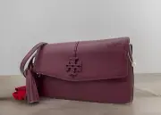 AUTH NWT TORY BURCH McGraw Tassels Pebbled Leather Clutch Shoulder Bag-Claret