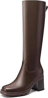[Dumjey] Women Knee High Boots Square Toe Stacked Heel Thick Sole Boots Chunky High Heels Gogo Boots Wide Calf Dress Shoes with Zippers