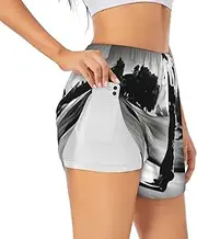 [WURTON] Black and White Golfs Print Exercise Gym Workout Shorts Women's Athletic Shorts Dual-Layered Yoga Running Shorts