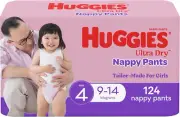 Huggies Ultra Dry Nappy Pants Girls Size 4 (9-14Kg) 124 Count (2 X 62 Pack) - Pa