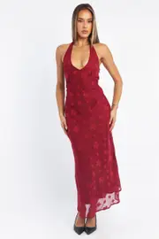 Red Midi Dress Halter Neck - Size 16XL, Women's Midi Dress