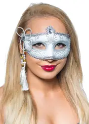 Tassel White and Silver Venetian Masquerade Mask