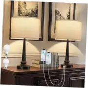 Table Lamp Set of 2, Beside Lamps with USB-C+A Nightstand Lamp Black+Beige