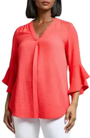 Jones New York Pleated V-Neck Flutter Sleeve Top in Rouge at Nordstrom, Size Small