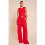 Tomato Red Tailored Tie Detail Woven Wide Leg Pants, Tomato Red