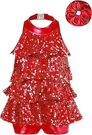 [Aislor] Kids Girls Sparkly Sequins Leotard Dance Dress with Hair Band Set Jazz Latin Rumba Samba Performance Costume