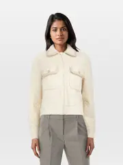 Cream Metallic Knit Tweed Zip Up Jacket