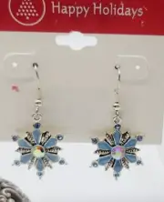 Christmas SNOWFLAKE Earrings Enamel Dangle BLUE Silver tone Crystal Pierced