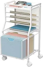 BOHDK Rolling File Cart, 6-Tier Under Desk Organizer on Lockable Wheels, Wood Planks & Mesh File Cart with Sliding Drawer and Paper Trays for Office Home School, 14.8" L x 11.8" D x 27.7" H, White