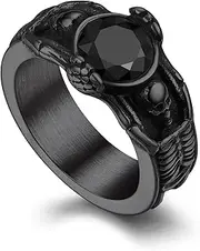[Bandmax] Mens Black Onyx Rings, Stainless Steel Retro Style Black Onyx Stone Black Agate Signet Ring Skull Masonic Gemstone Band Ring for Men Size 7-14