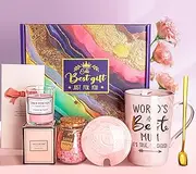 Mum Mothers Day Gifts - Birthday Gift Pamper Hamper for Mum, Worlds Best Mum Mug, Scented Candle, Bath Salts, Relaxing Spa Bath Set Basket Gift for Mummy, Funny New Mum to Be Presents, Nice Gift Boxed