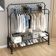 Uandhome Clothes Rail, Heavy Duty Freestanding Hanger Metal Clothes Rack, Double-Rail Garment Rack with Shelves Minimalism Coat Rack Shoes Rackand 4 Hooks, Multifunctional Bedroom Clothes Stand