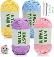 4x50g Easy Chunky Cotton Wool Crochet Yarn, Thick Yarn Chunky Wool for Crocheting Knitting, Cotton Yarn for Crochet(Pink + Purple + Blue + Yellow)