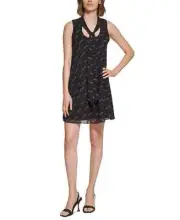 CALVIN KLEIN Chiffon Shift Dress Size 4 Black White Logo Printed Tie Neck NWT