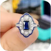[ZDIFDIC] Square Simulated Blue Sapphire Cushion Cut Cubic Zirconia CZ Statement Cocktail Fashion Art Deco Halo Engagement Ring for Women 925 Sterling Silver Anniversary Promise Ring