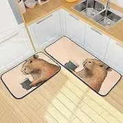 XYMZR Kitchen Mat Funny Capybara Coffee for Floor, 2 Piece, Non Slip Washable Kitchen Rugs for Kitchen & Home Decor, Sink, Bathroom 19.7” x 27.6” + 19.7” + 47.2”