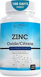 Zinc Supplement 50 mg - Oxide/Citrate for Immune Support and Metabolism Support - Vegan Zinc 50mg Supports Heart and Eye Health - 100 Tables for Men and Women by Amate Life