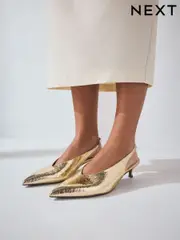 Gold Extra Wide Fit Forever Comfort® Point Toe Low Slingback Kitten Heels (AP7335) | $53